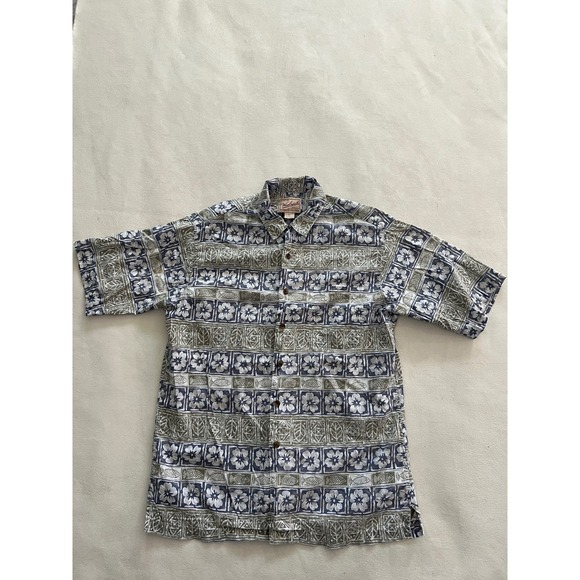 Woolrich Other - Woolrich Mens Blue Olive Cotton Block Print Floral Fish Short Sleeve Shirt M